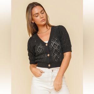 NWT Crochet Sweater Black Open Knit Bubble Sleeve Button Down 100% Cotton NEW